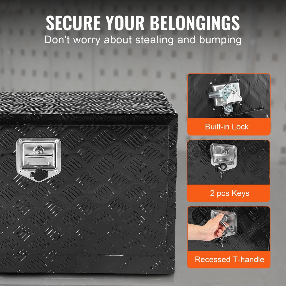 VEVOR Underbody Truck Box, 48" x 17" x 18" Pickup Storage Box, Heavy Duty Aluminum Diamond Plate Tool Box with Lock and Keys, Waterproof Trailer Storage Box with T-Handle Latch for Truck, Van, Trailer - View 5