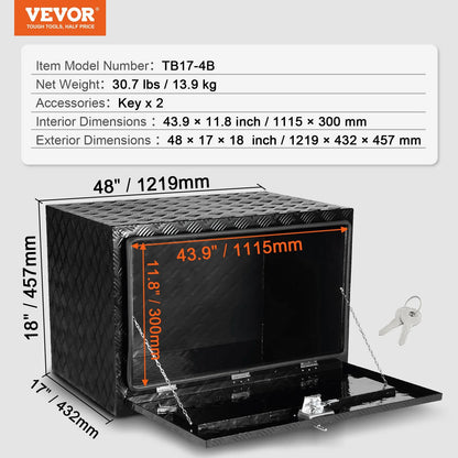 VEVOR Underbody Truck Box, 48" x 17" x 18" Pickup Storage Box, Heavy Duty Aluminum Diamond Plate Tool Box with Lock and Keys, Waterproof Trailer Storage Box with T-Handle Latch for Truck, Van, Trailer - View 6