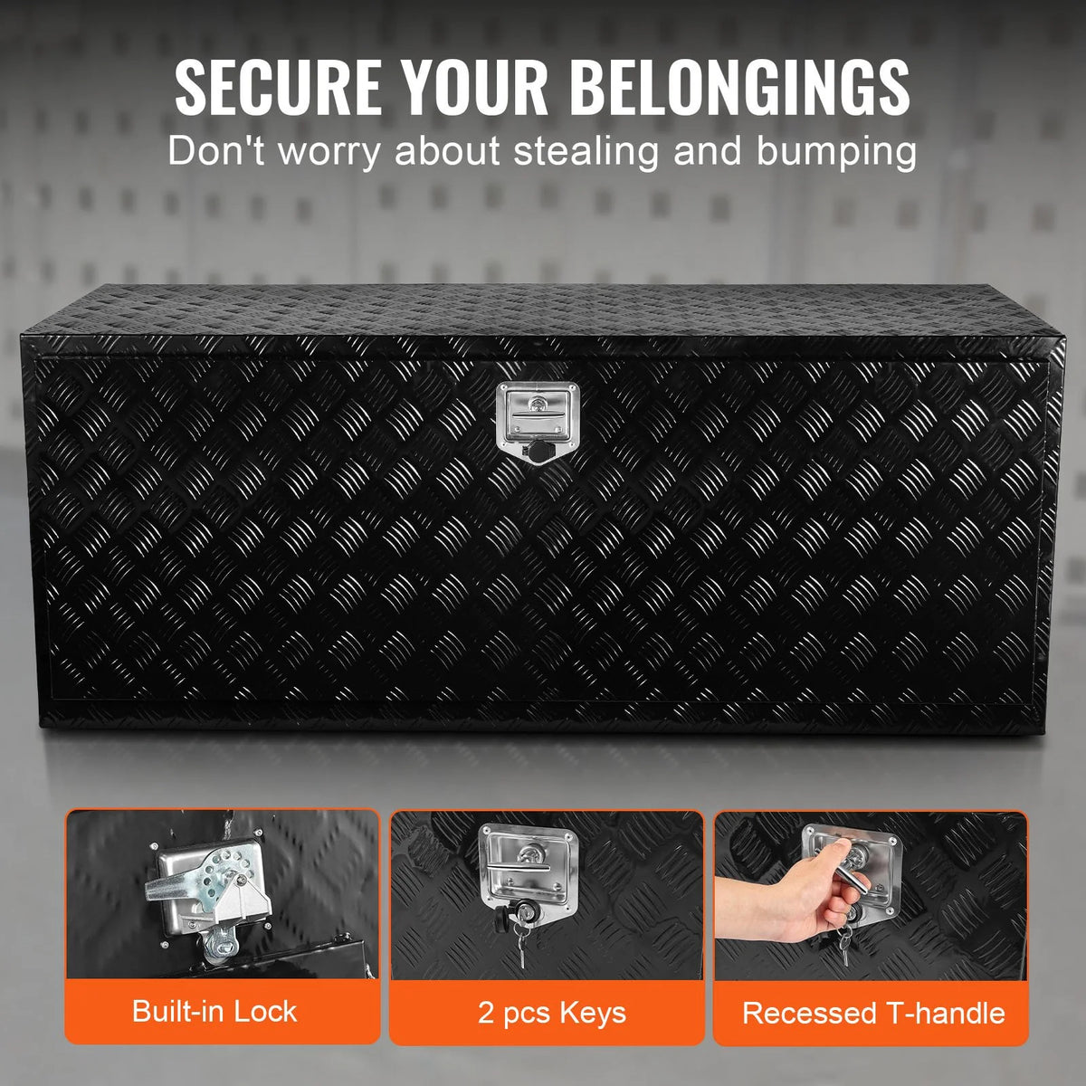 VEVOR Underbody Truck Box, 60" x 24" x 24" Pickup Storage Box, Heavy Duty Aluminum Diamond Plate Tool Box with Lock and Keys, Waterproof Trailer Storage Box with T-Handle Latch for Truck, Van, Trailer - View 5