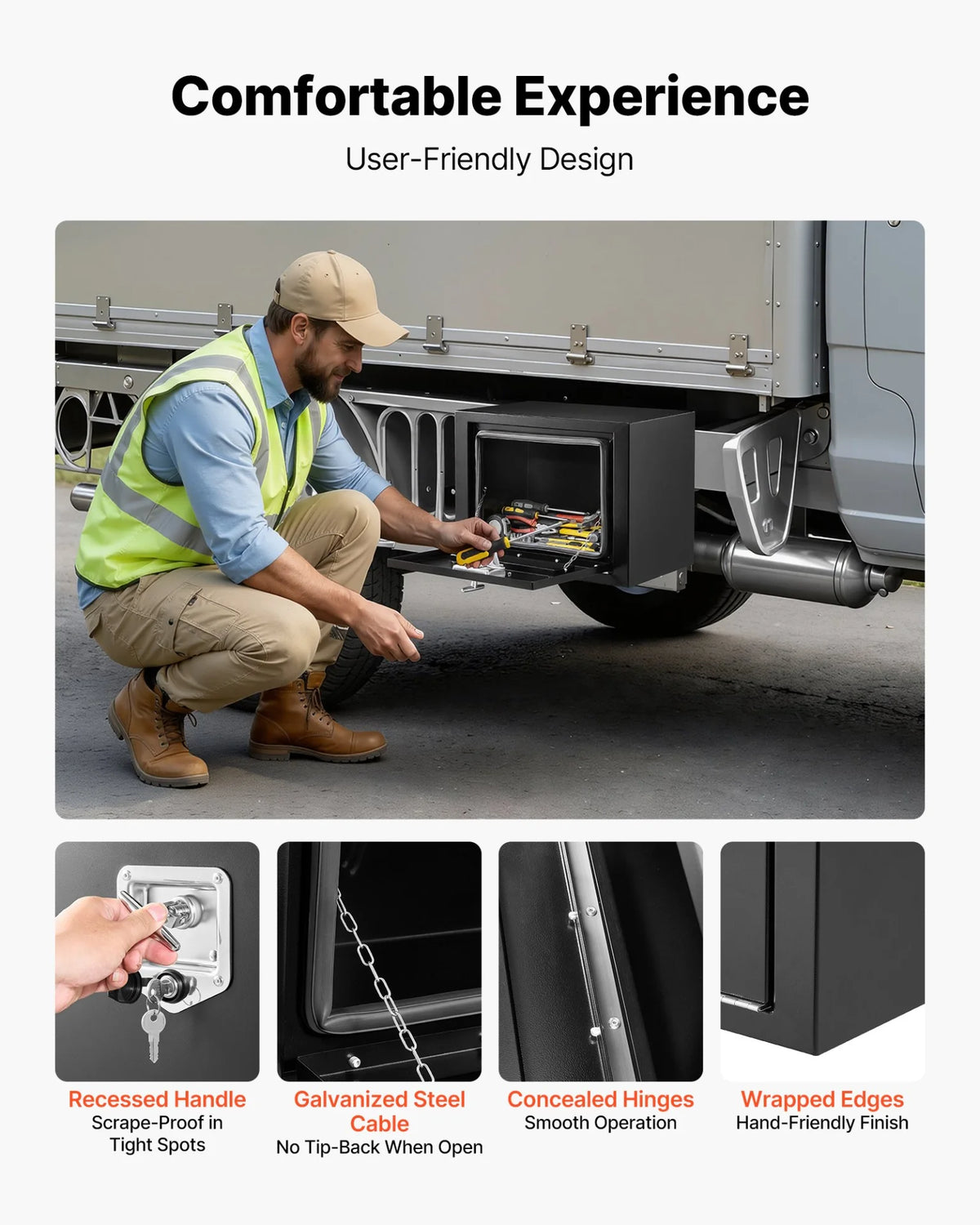 VEVOR Underbody Truck Tool Box, 18 x 12 x 14 Inch Heavy Duty Steel Trailer Storage Box with Lock & Keys, Waterproof Trailer Storage Organizer Under Body Chest with T-Handle for Truck, Van, SUV, Black - View 5