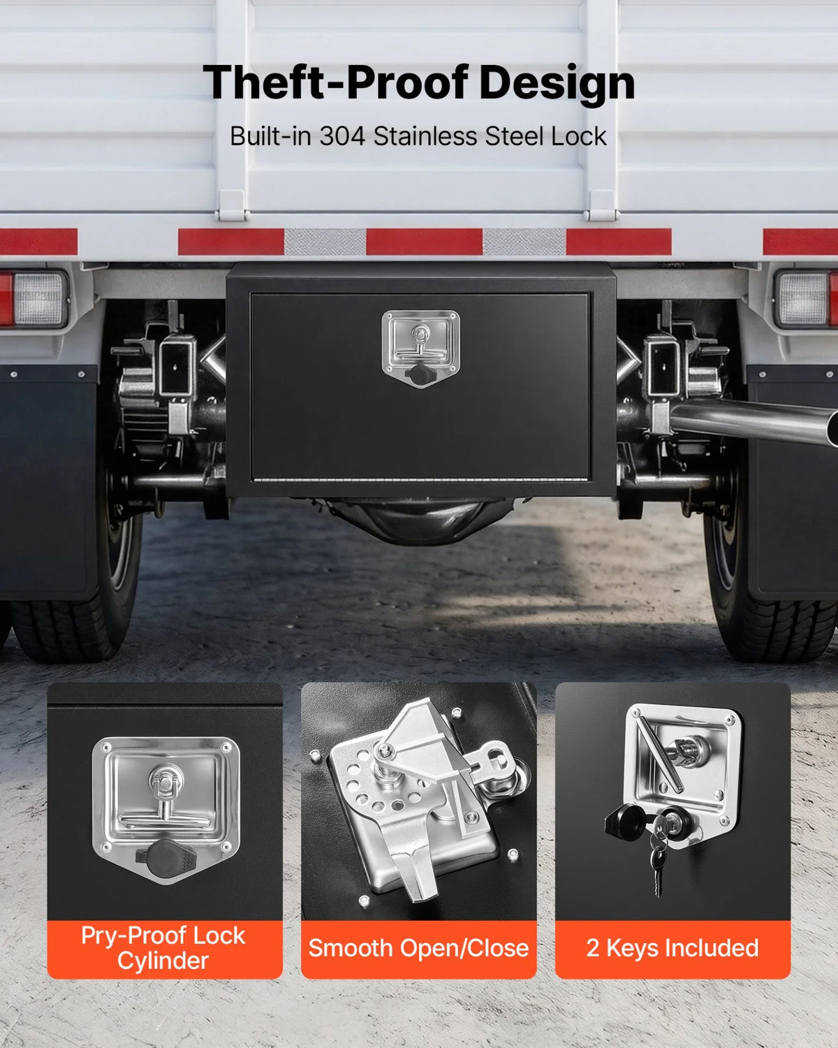 VEVOR Underbody Truck Tool Box, 24 x 12 x 14 Inch Heavy Duty Steel Trailer Storage Box with Lock & Keys, Waterproof Trailer Storage Organizer Under Body Chest with T-Handle for Truck, Van, SUV, Black - View 3