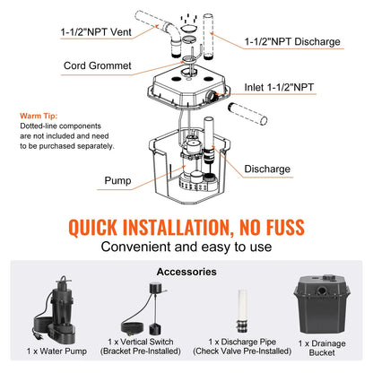 VEVOR Utility Sink Pump, 1/2 HP, 120-Volt, 3500 GPH Flow, 28 ft Head, Under-Sink Sump Pump System with 6 Gallon Basin, Automatic Utility/Laundry Sink Pump, Drain Pump with 1-1/2" NPT Outlet, Black - View 5