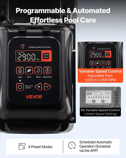 VEVOR Variable Speed Pool Pump, 2 HP, AC 220-240V, 145 GPM, In/Above Swimming Pool Pump with Filter Basket, Powerful Self Priming, Programmable Timer, for Inground and Above Ground Swimming Pool - View 5