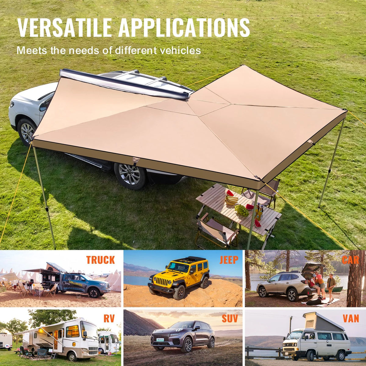 VEVOR Vehicle Awning 270 Degree, 8.2' Height Retractable Car Side Awning, PU3000mm UV50+ Car Awning with Waterproof Storage Bag, Suitable for Truck, SUV, Van, Campers - View 5