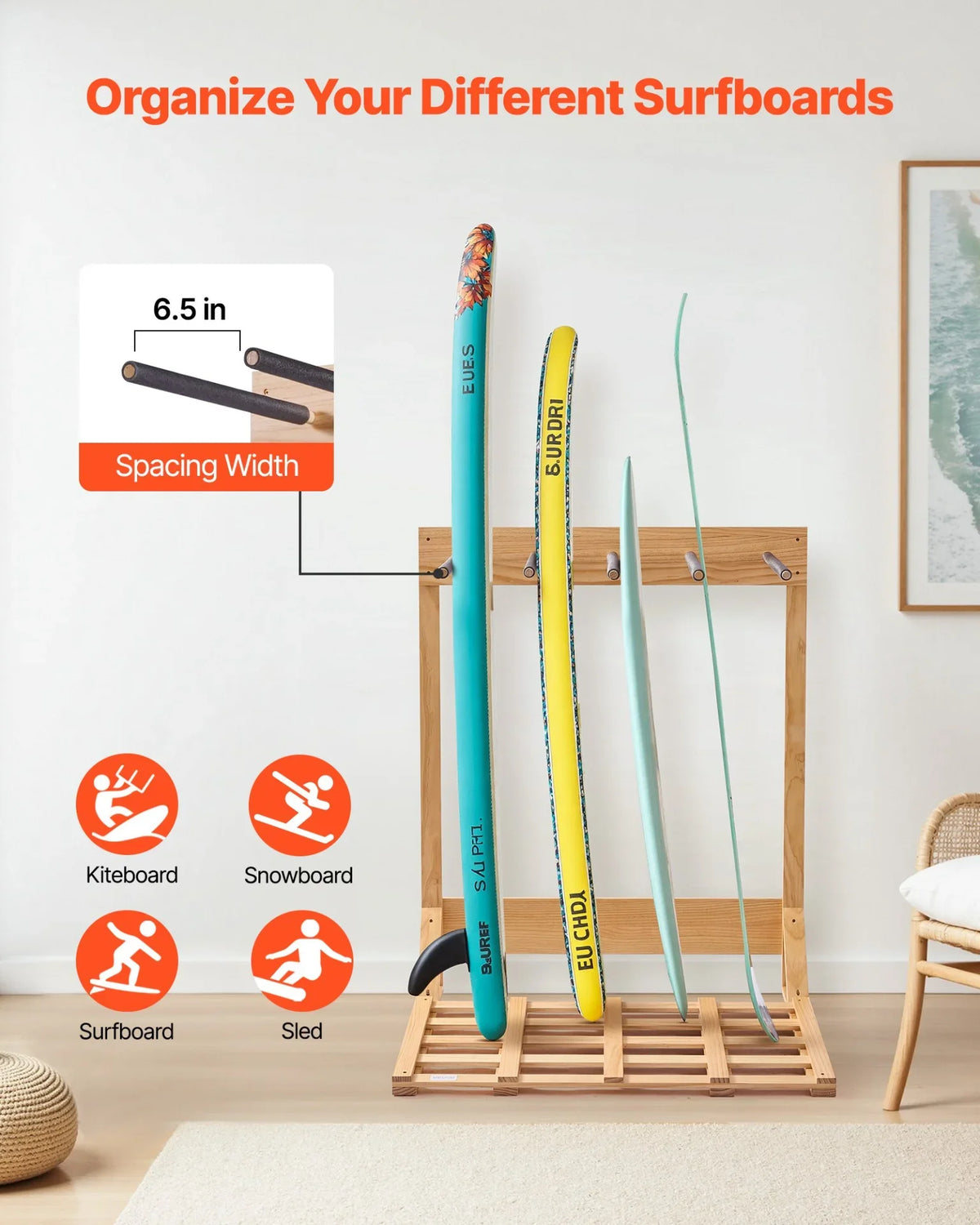 VEVOR Vertical Surfboard Stand, 4 Tiers Wooden Surfboard Rack for Storage and Display, Freestanding Board Stand Organizer, Surf Board Holder for Wakeboards, Snowboards, Kiteboards, Shortboard, Skis