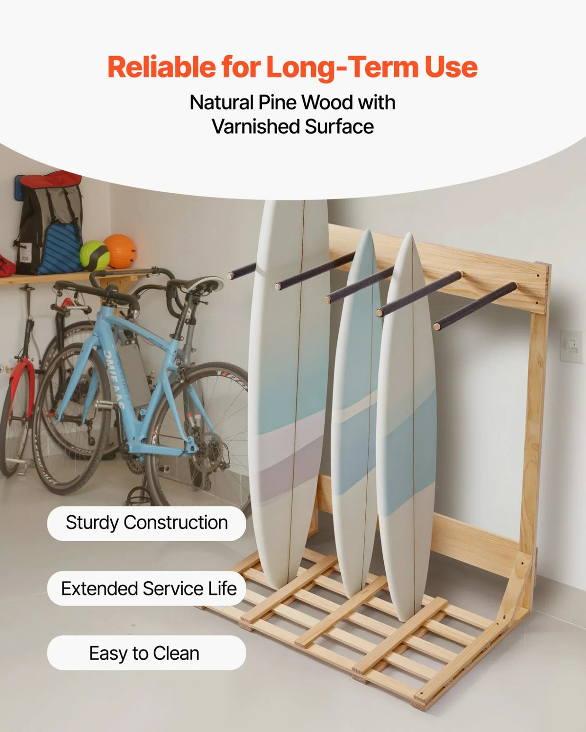 VEVOR Vertical Surfboard Stand, 4 Tiers Wooden Surfboard Rack for Storage and Display, Freestanding Board Stand Organizer, Surf Board Holder for Wakeboards, Snowboards, Kiteboards, Shortboard, Skis - View 4