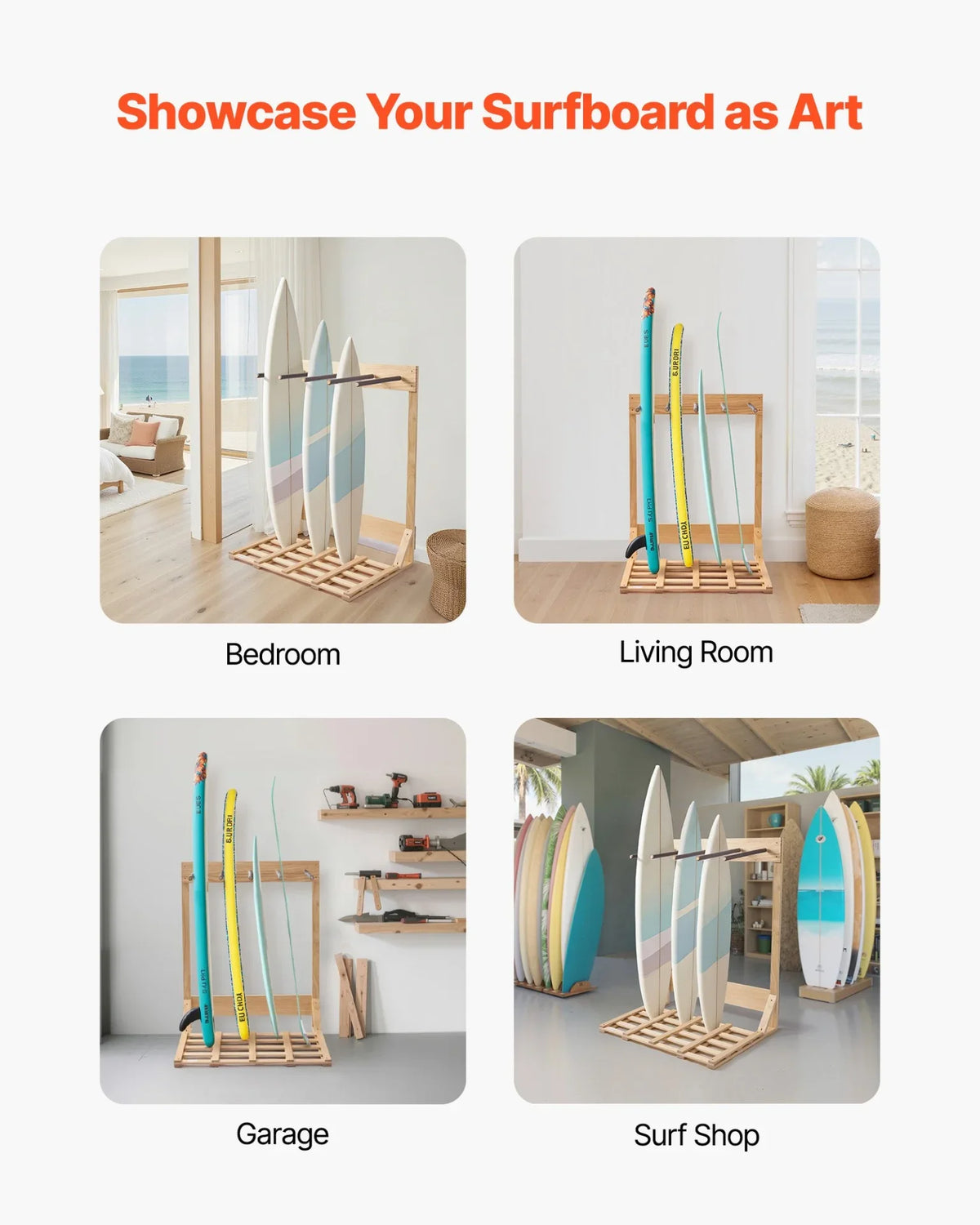 VEVOR Vertical Surfboard Stand, 4 Tiers Wooden Surfboard Rack for Storage and Display, Freestanding Board Stand Organizer, Surf Board Holder for Wakeboards, Snowboards, Kiteboards, Shortboard, Skis - View 5