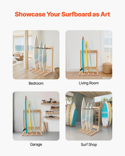 VEVOR Vertical Surfboard Stand, 4 Tiers Wooden Surfboard Rack for Storage and Display, Freestanding Board Stand Organizer, Surf Board Holder for Wakeboards, Snowboards, Kiteboards, Shortboard, Skis - View 5