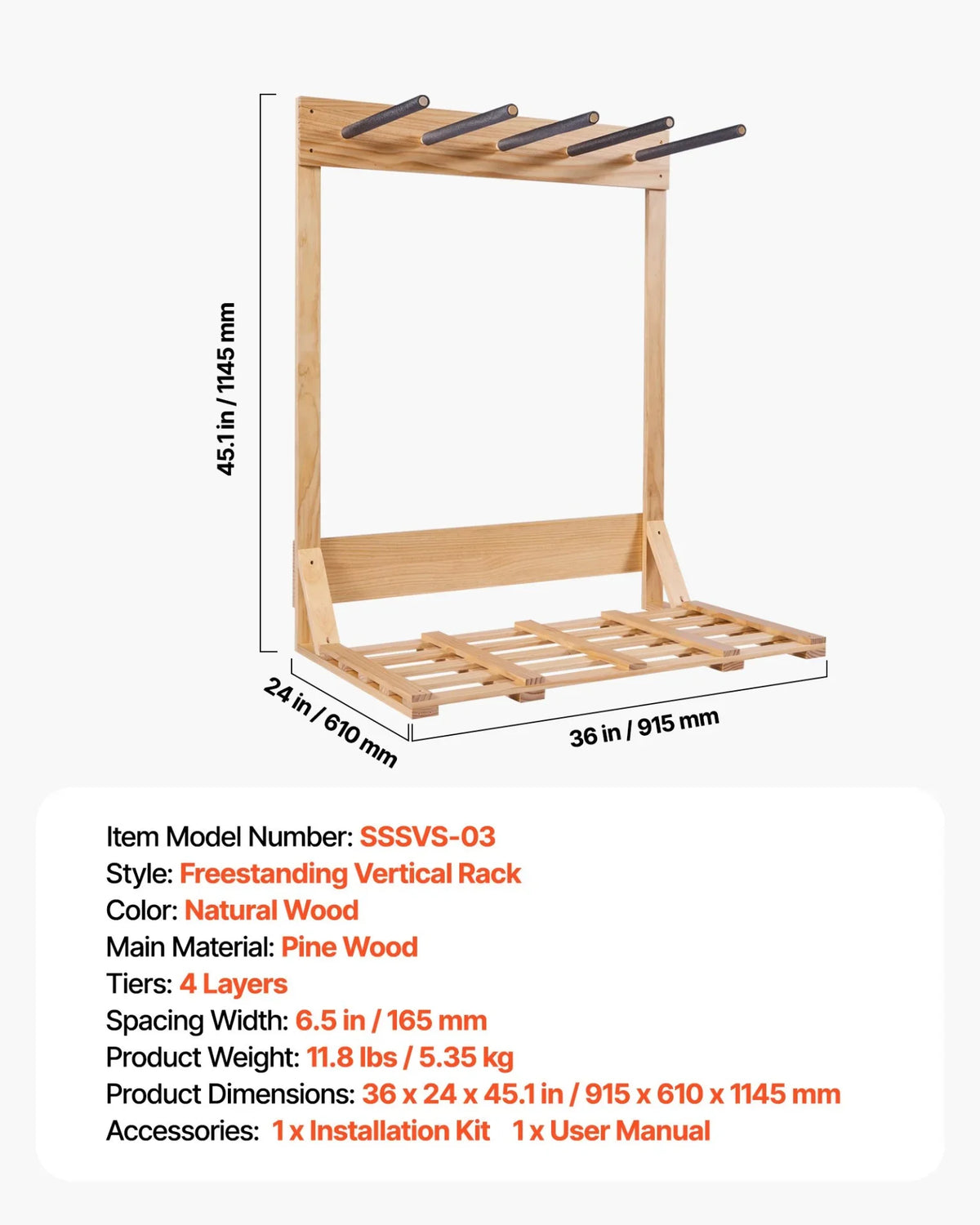 VEVOR Vertical Surfboard Stand, 4 Tiers Wooden Surfboard Rack for Storage and Display, Freestanding Board Stand Organizer, Surf Board Holder for Wakeboards, Snowboards, Kiteboards, Shortboard, Skis - View 6