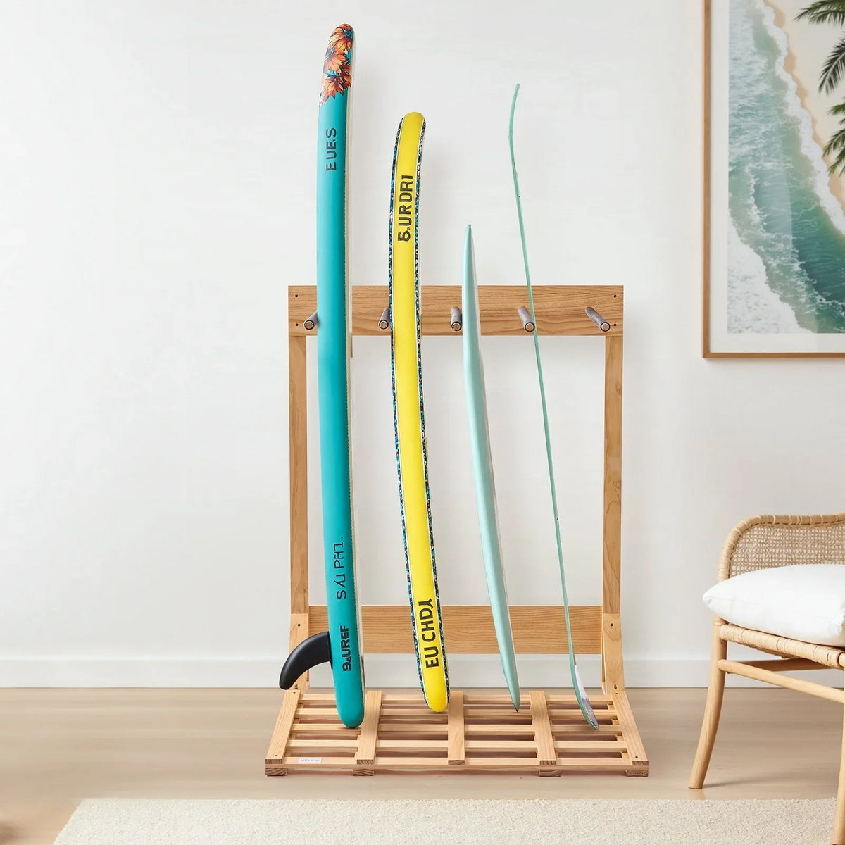 VEVOR Vertical Surfboard Stand, 4 Tiers Wooden Surfboard Rack for Storage and Display, Freestanding Board Stand Organizer, Surf Board Holder for Wakeboards, Snowboards, Kiteboards, Shortboard, Skis - View 7