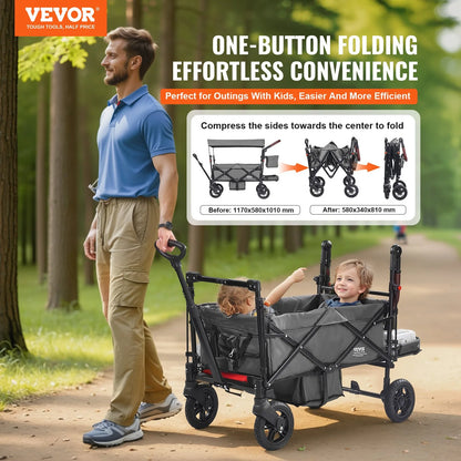 VEVOR Wagon Stroller for 2 Kids, Push Pull Quad Collapsible Stroller with Adjustable Handle, Encircling Harness Removable Canopy, 4 Wheels w/ Brakes, Mutifunction Tandem Stroller for Camping Dark Grey