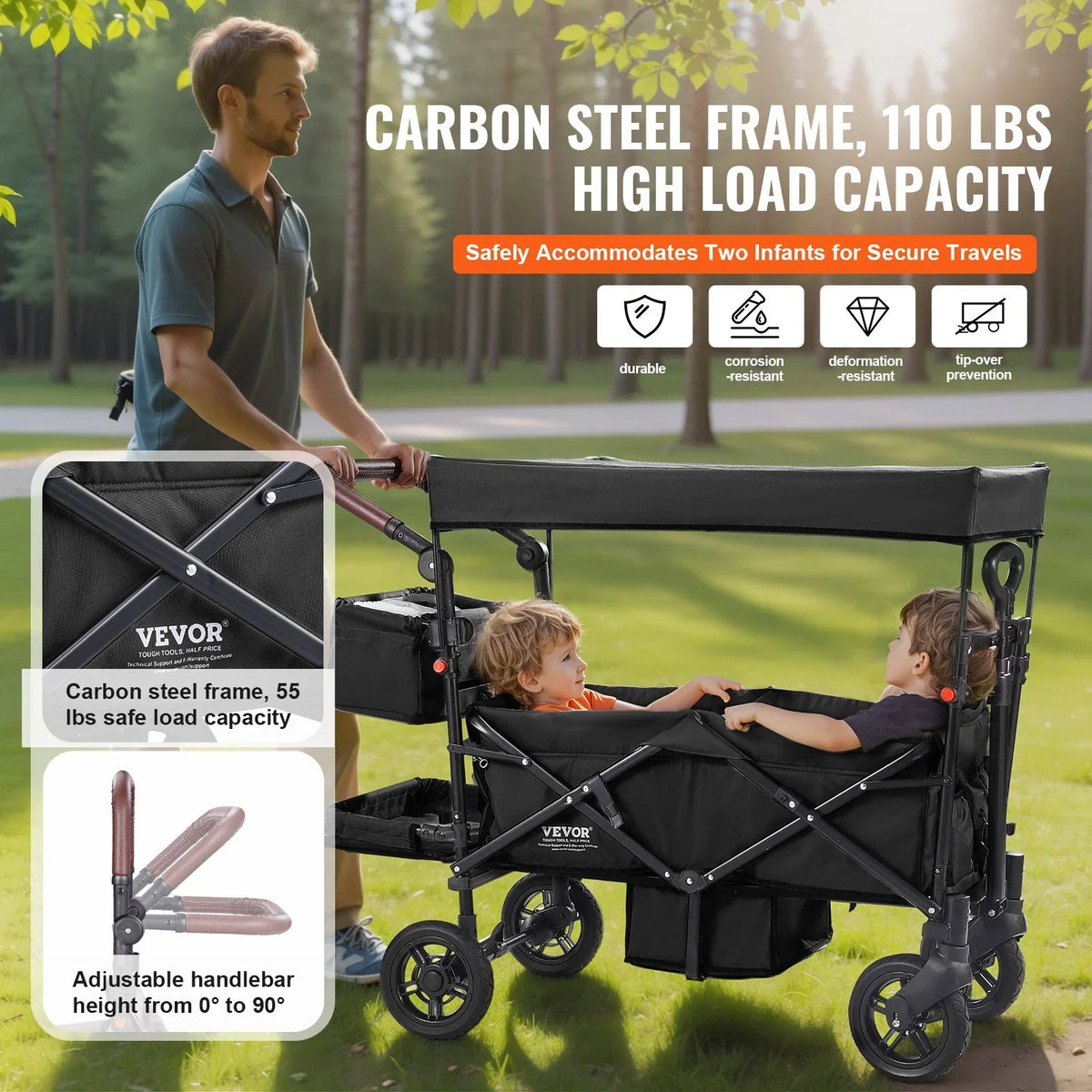 VEVOR Wagon Stroller for 2 Kids, Push Pull Quad Collapsible Stroller with Adjustable Handle, Encircling Harness Removable Canopy, 4 Wheels with Brakes, Mutifunction Tandem Stroller for Camping Black - View 2