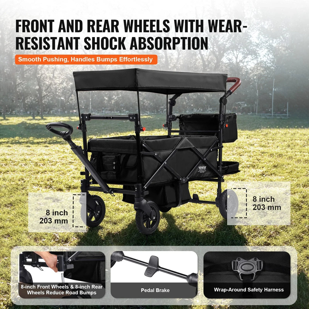 VEVOR Wagon Stroller for 2 Kids, Push Pull Quad Collapsible Stroller with Adjustable Handle, Encircling Harness Removable Canopy, 4 Wheels with Brakes, Mutifunction Tandem Stroller for Camping Black - View 3