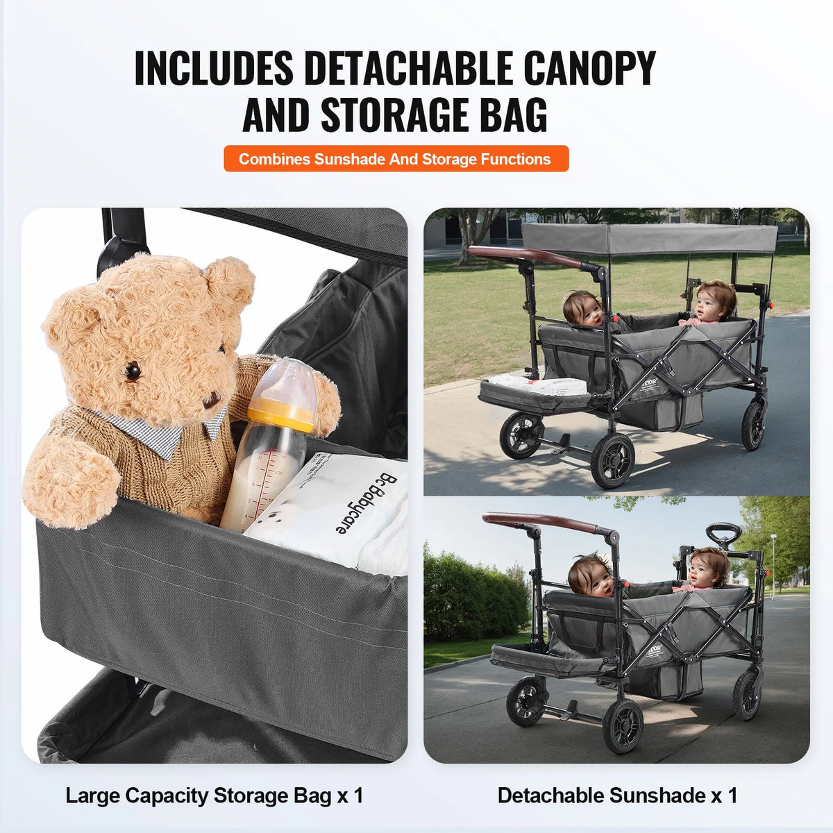VEVOR Wagon Stroller for 2 Kids, Push Pull Quad Collapsible Stroller with Adjustable Handle, Encircling Harness Removable Canopy, 4 Wheels w/ Brakes, Mutifunction Tandem Stroller for Camping Dark Grey - View 4