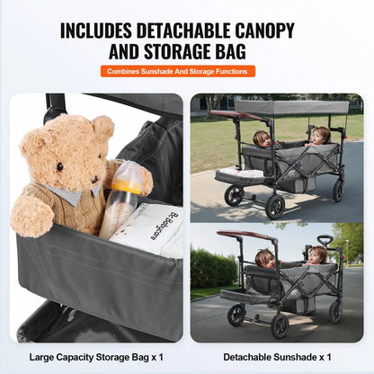VEVOR Wagon Stroller for 2 Kids, Push Pull Quad Collapsible Stroller with Adjustable Handle, Encircling Harness Removable Canopy, 4 Wheels w/ Brakes, Mutifunction Tandem Stroller for Camping Dark Grey - View 4