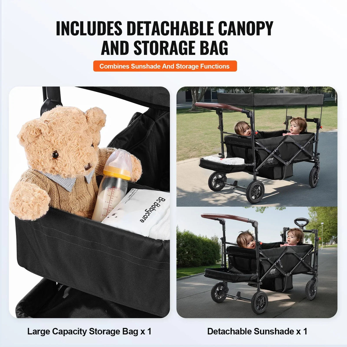 VEVOR Wagon Stroller for 2 Kids, Push Pull Quad Collapsible Stroller with Adjustable Handle, Encircling Harness Removable Canopy, 4 Wheels with Brakes, Mutifunction Tandem Stroller for Camping Black - View 4