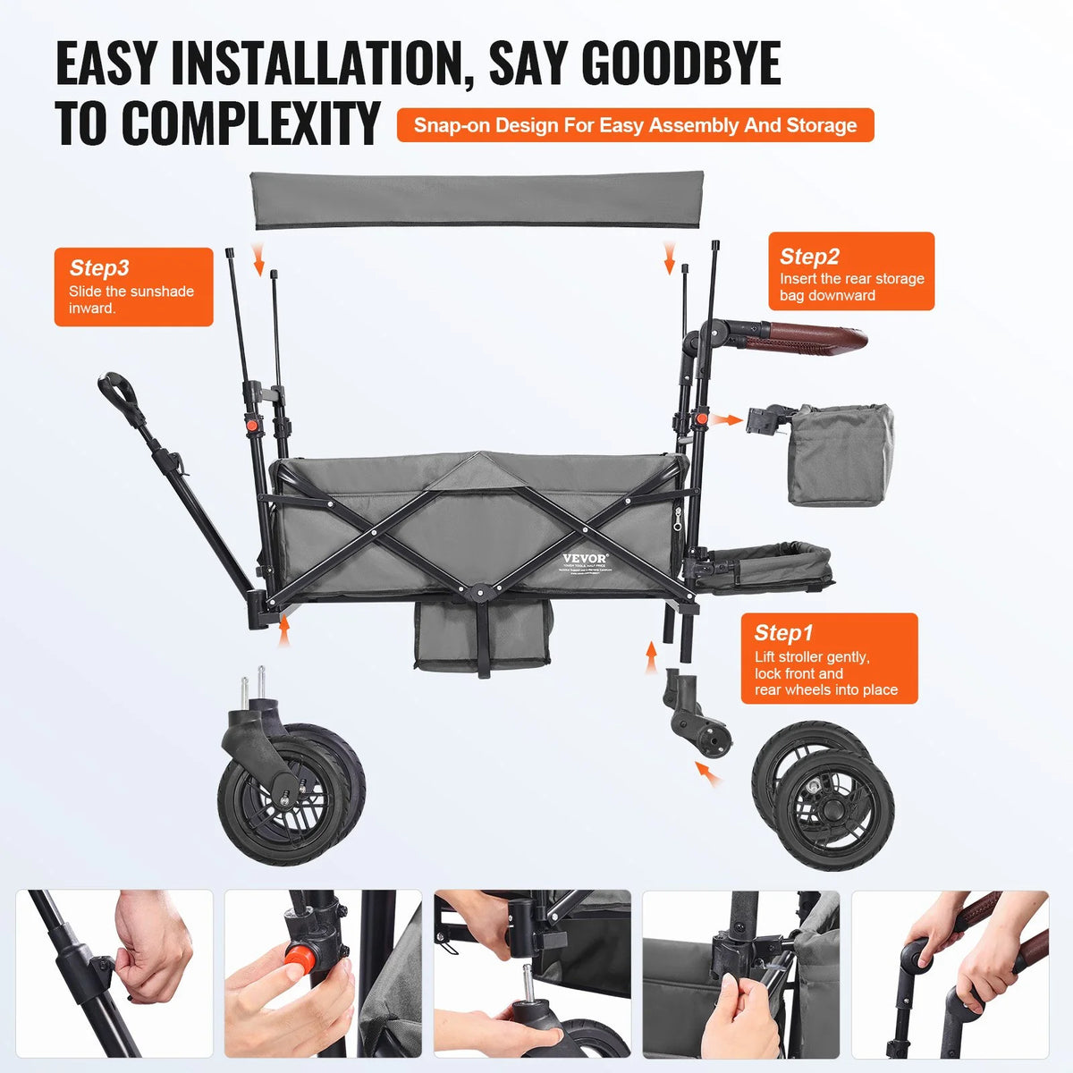 VEVOR Wagon Stroller for 2 Kids, Push Pull Quad Collapsible Stroller with Adjustable Handle, Encircling Harness Removable Canopy, 4 Wheels w/ Brakes, Mutifunction Tandem Stroller for Camping Dark Grey - View 5