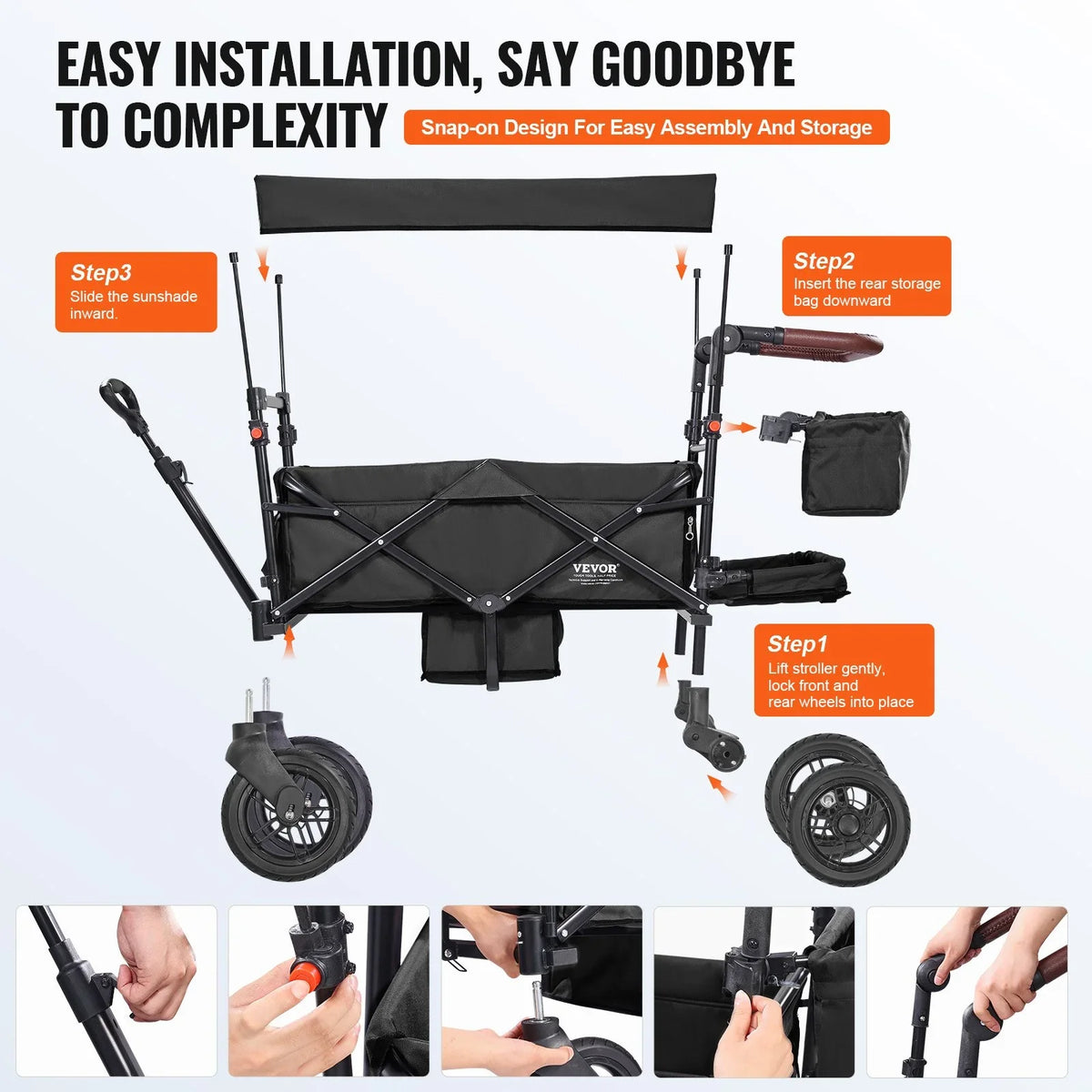 VEVOR Wagon Stroller for 2 Kids, Push Pull Quad Collapsible Stroller with Adjustable Handle, Encircling Harness Removable Canopy, 4 Wheels with Brakes, Mutifunction Tandem Stroller for Camping Black - View 5