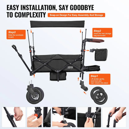 VEVOR Wagon Stroller for 2 Kids, Push Pull Quad Collapsible Stroller with Adjustable Handle, Encircling Harness Removable Canopy, 4 Wheels with Brakes, Mutifunction Tandem Stroller for Camping Black - View 5