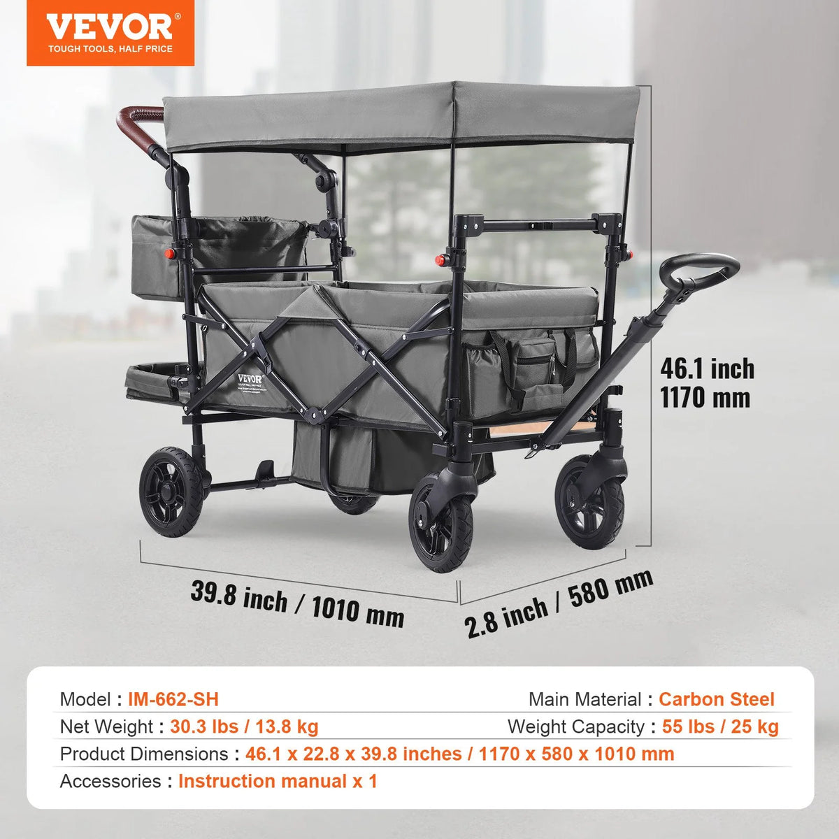 VEVOR Wagon Stroller for 2 Kids, Push Pull Quad Collapsible Stroller with Adjustable Handle, Encircling Harness Removable Canopy, 4 Wheels w/ Brakes, Mutifunction Tandem Stroller for Camping Dark Grey - View 6