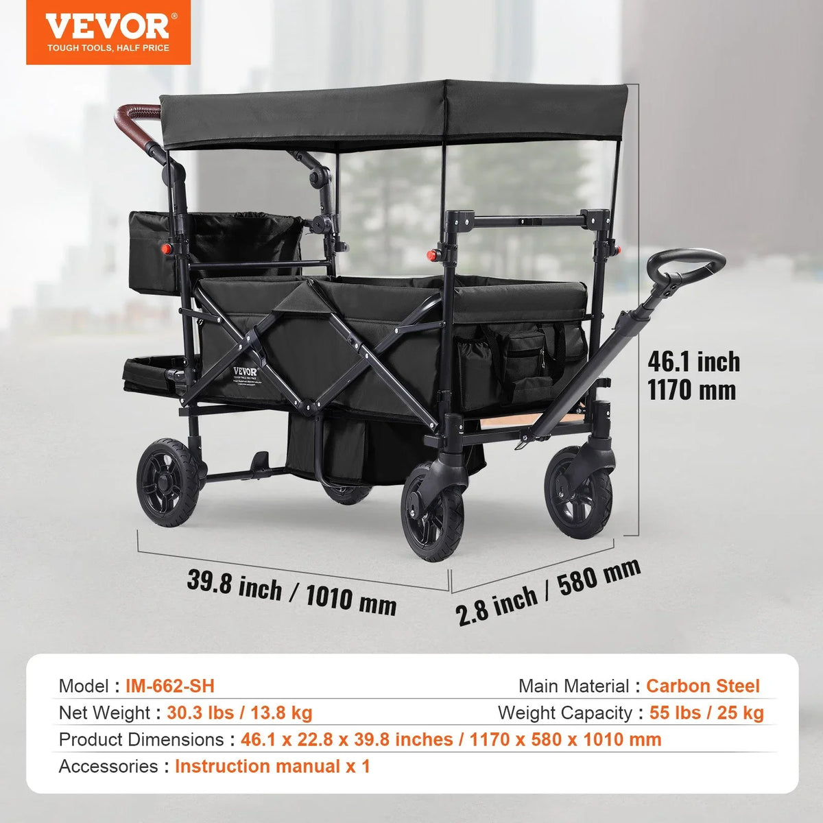 VEVOR Wagon Stroller for 2 Kids, Push Pull Quad Collapsible Stroller with Adjustable Handle, Encircling Harness Removable Canopy, 4 Wheels with Brakes, Mutifunction Tandem Stroller for Camping Black - View 6