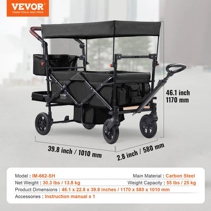 VEVOR Wagon Stroller for 2 Kids, Push Pull Quad Collapsible Stroller with Adjustable Handle, Encircling Harness Removable Canopy, 4 Wheels with Brakes, Mutifunction Tandem Stroller for Camping Black - View 6