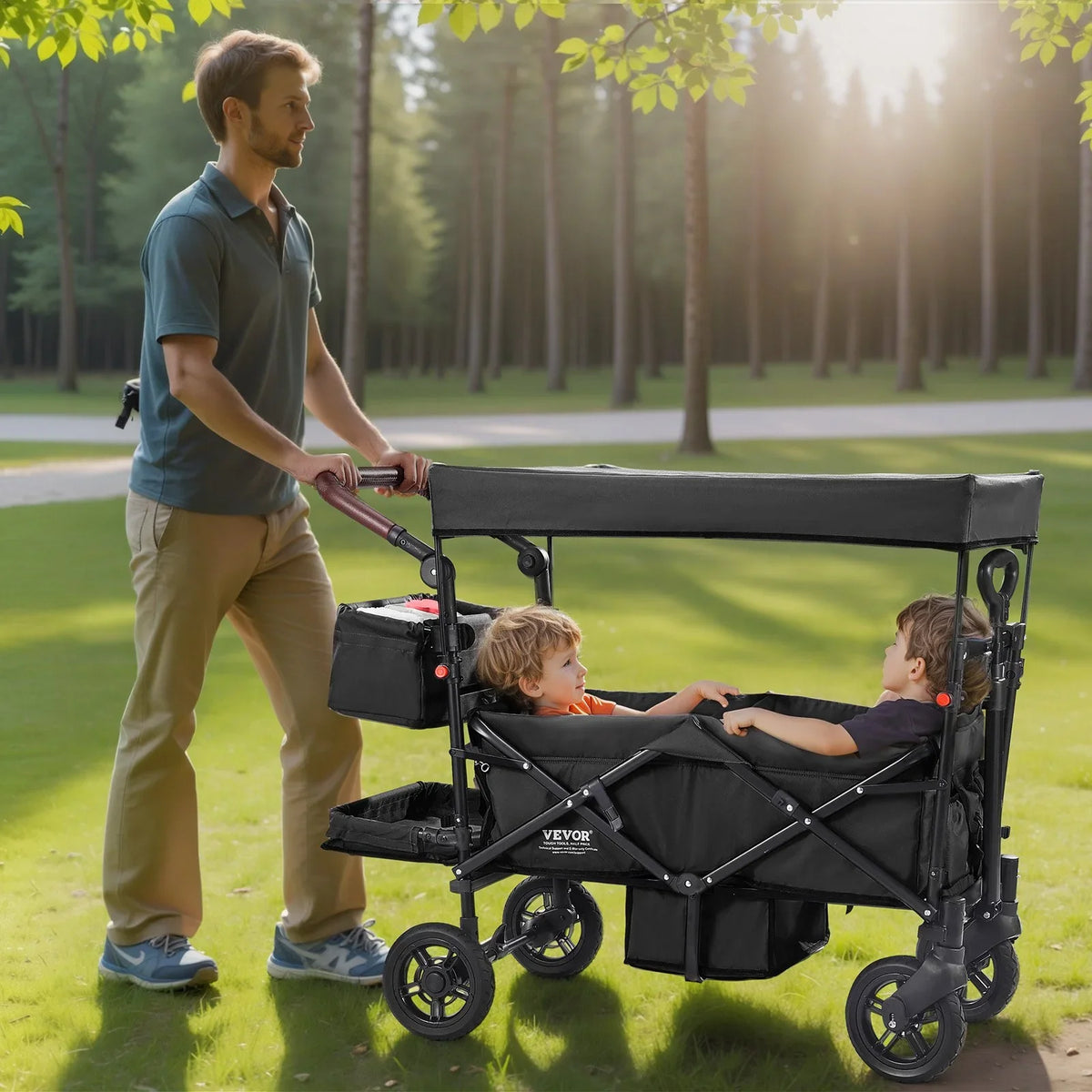 VEVOR Wagon Stroller for 2 Kids, Push Pull Quad Collapsible Stroller with Adjustable Handle, Encircling Harness Removable Canopy, 4 Wheels with Brakes, Mutifunction Tandem Stroller for Camping Black - View 7