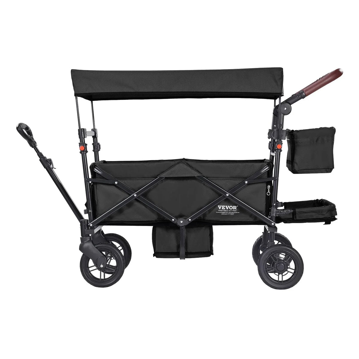 VEVOR Wagon Stroller for 2 Kids, Push Pull Quad Collapsible Stroller with Adjustable Handle, Encircling Harness Removable Canopy, 4 Wheels with Brakes, Mutifunction Tandem Stroller for Camping Black - View 8