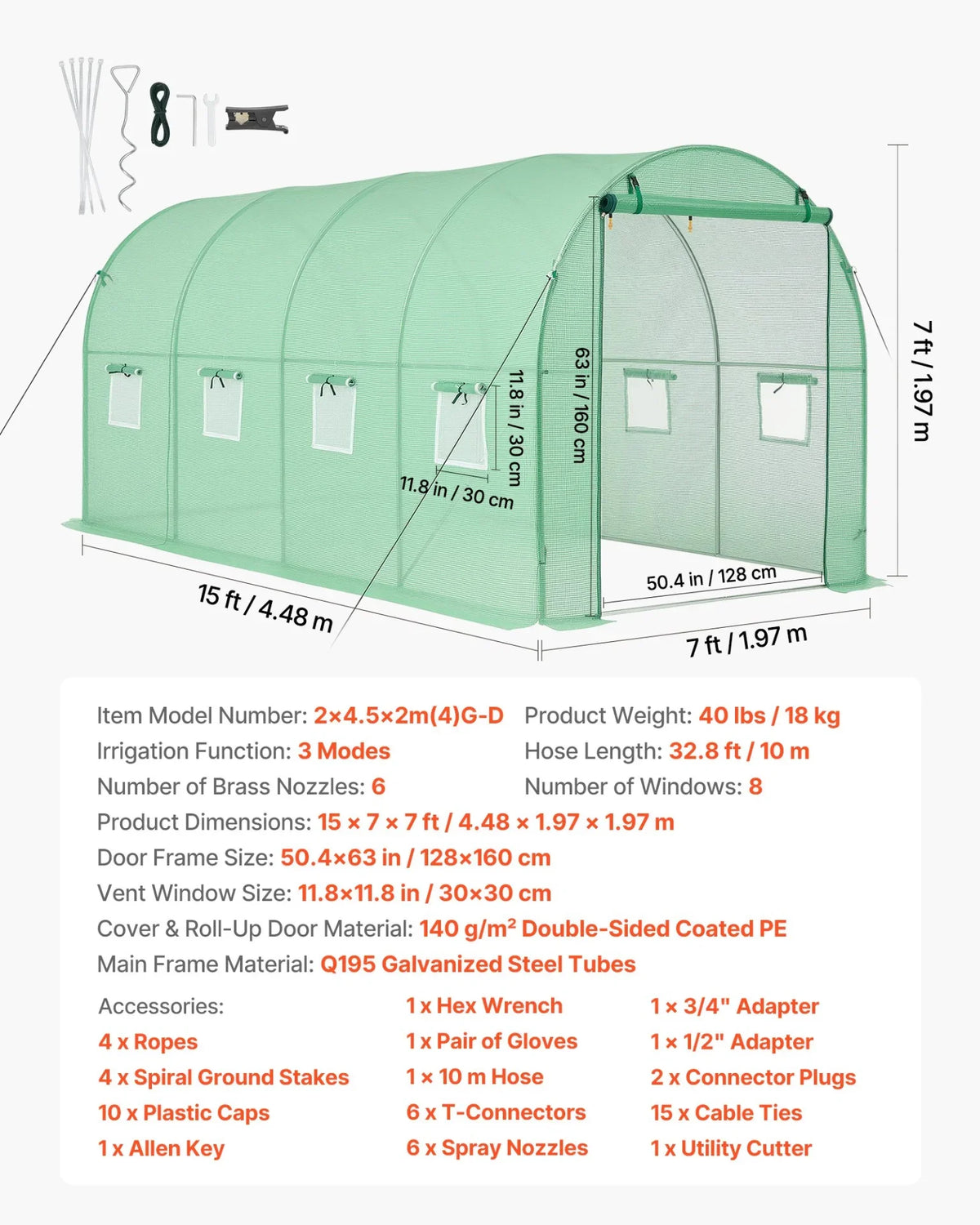 VEVOR Walk-in Tunnel Greenhouse, 15 x 7 x 7 ft Hoop House Greenhouse Tunnel with Watering System, Plant Hot House with Steel Frame, PE Cover, Roll-Up Zipper Door and 8 Windows for Outdoors, Green - View 6
