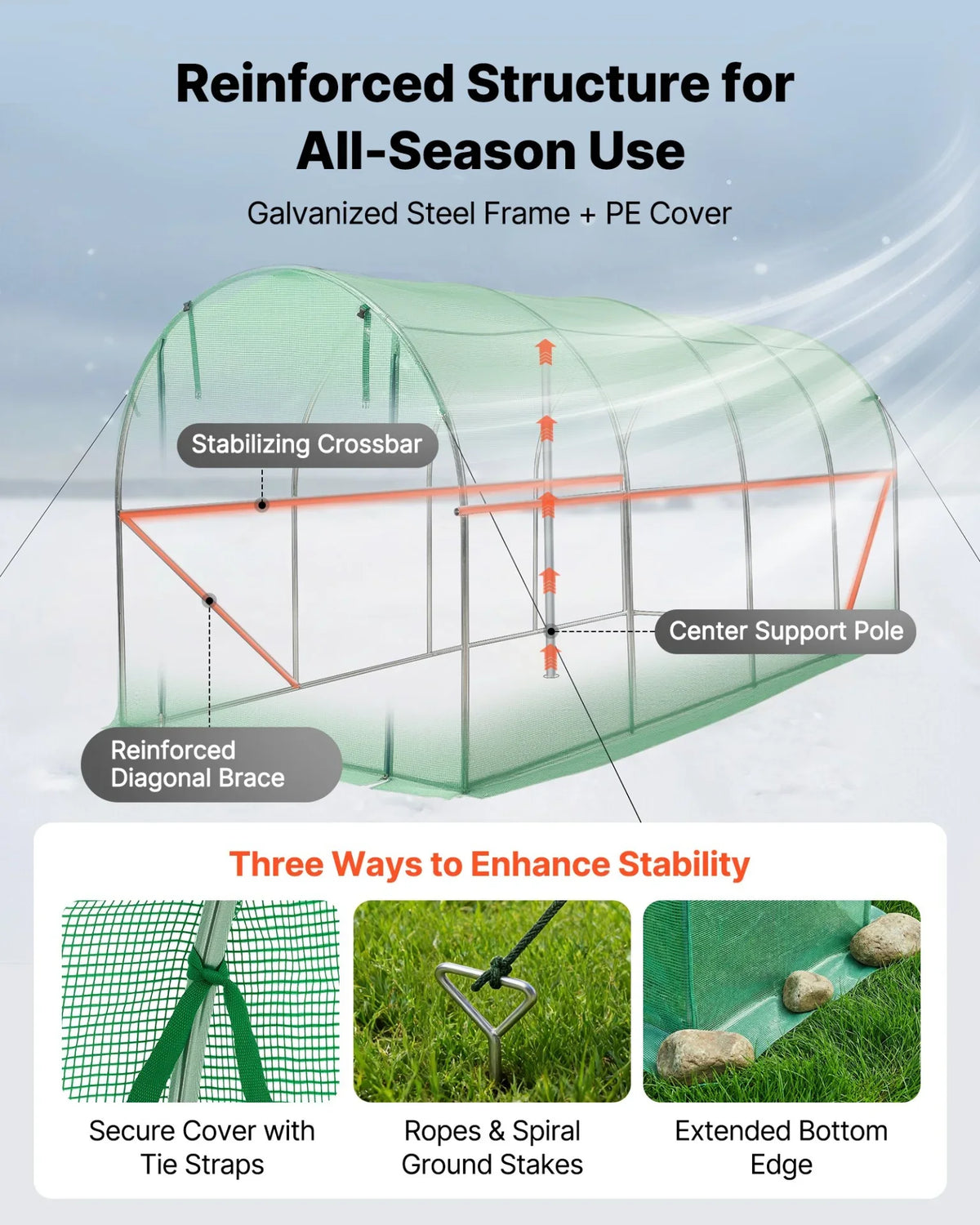VEVOR Walk-in Tunnel Greenhouse, 15 x 7 x 7 ft Hoop House Greenhouse Tunnel with Watering System, Plant Hot House with Steel Frame, PE Cover, Roll-Up Zipper Door and 8 Windows for Outdoors, Green - View 2