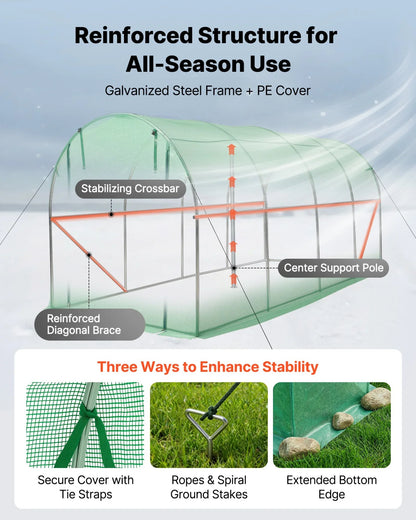 VEVOR Walk-in Tunnel Greenhouse, 15 x 7 x 7 ft Hoop House Greenhouse Tunnel with Watering System, Plant Hot House with Steel Frame, PE Cover, Roll-Up Zipper Door and 8 Windows for Outdoors, Green - View 2
