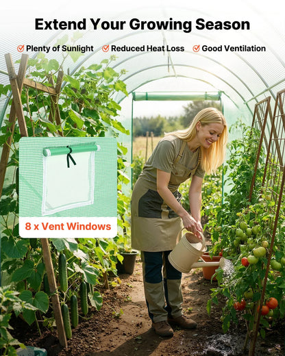 VEVOR Walk-in Tunnel Greenhouse, 15 x 7 x 7 ft Hoop House Greenhouse Tunnel with Watering System, Plant Hot House with Steel Frame, PE Cover, Roll-Up Zipper Door and 8 Windows for Outdoors, Green - View 5