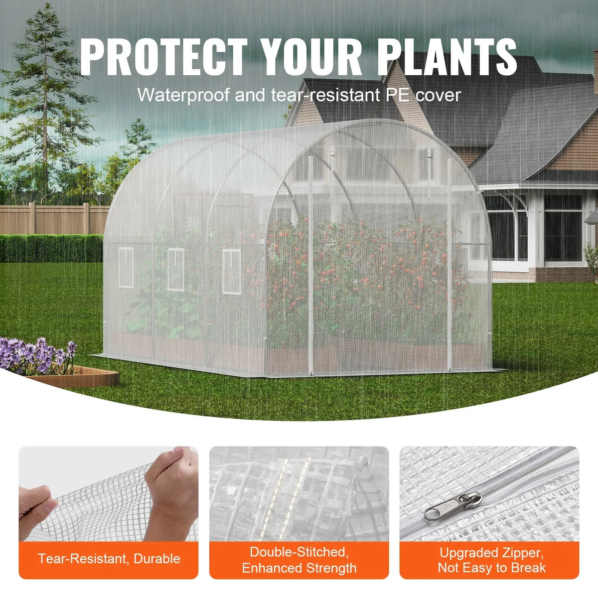 VEVOR Walk-in Tunnel Greenhouse, 9.6x6.4x6.2 ft Hoop House Greenhouse Tunnel, Plant Hot House with Galvanized Steel Frame, White PE Cover, Roll-up Zipper Door and 6 Windows for Outdoor - View 2