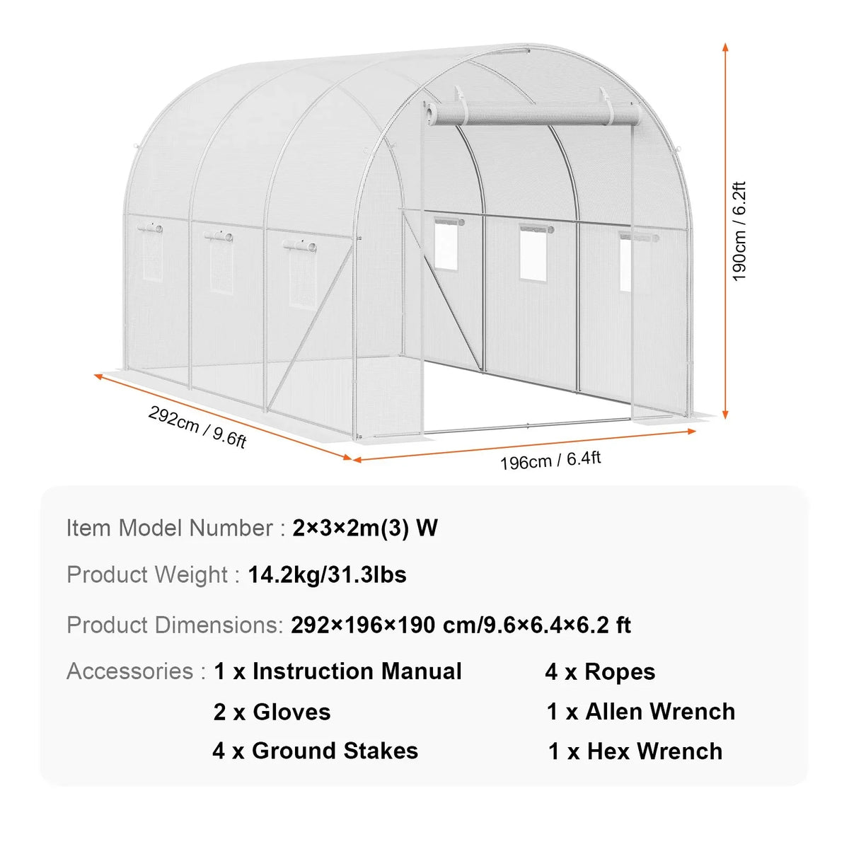 VEVOR Walk-in Tunnel Greenhouse, 9.6x6.4x6.2 ft Hoop House Greenhouse Tunnel, Plant Hot House with Galvanized Steel Frame, White PE Cover, Roll-up Zipper Door and 6 Windows for Outdoor - View 6