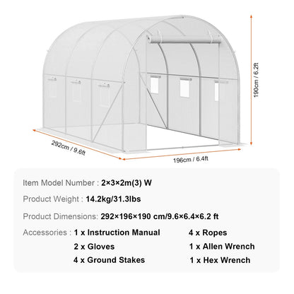 VEVOR Walk-in Tunnel Greenhouse, 9.6x6.4x6.2 ft Hoop House Greenhouse Tunnel, Plant Hot House with Galvanized Steel Frame, White PE Cover, Roll-up Zipper Door and 6 Windows for Outdoor - View 6