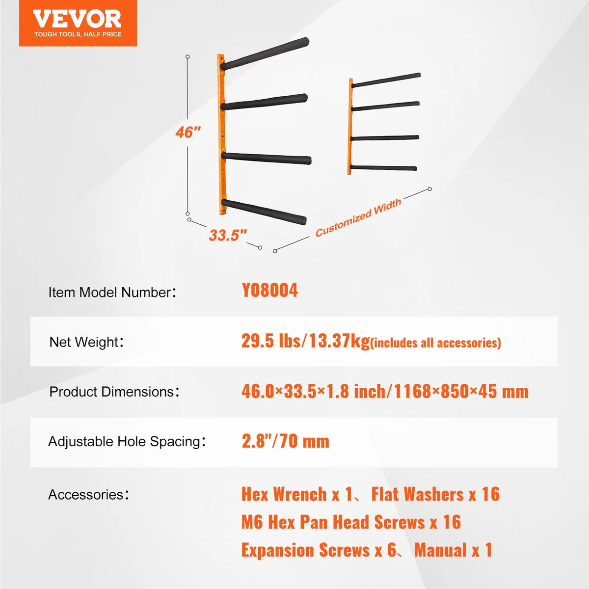 VEVOR Wall Kayak Storage Rack, 4-Capacity Wall Mounted Kayak Holders for Kayak Canoe Paddle Board, Kayak Storage Hooks with Adjustable Padded Arms, 400 LBS Load Kayak Hanger for Indoor Outdoor Garage - View 6