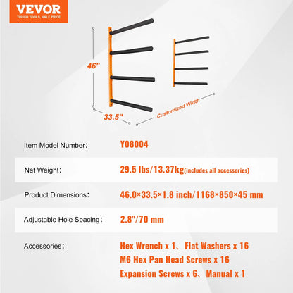 VEVOR Wall Kayak Storage Rack, 4-Capacity Wall Mounted Kayak Holders for Kayak Canoe Paddle Board, Kayak Storage Hooks with Adjustable Padded Arms, 400 LBS Load Kayak Hanger for Indoor Outdoor Garage - View 6
