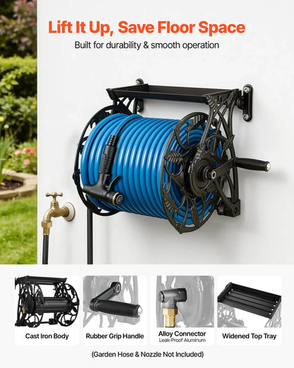 VEVOR Wall Mounted Garden Hose Reel, Holds 135 Feet of 5/8-inch Hose, Outdoor Heavy-Duty Waterhose Holder Winder, with Widened Top Tray, Aluminum Alloy Connector, Decorative Pattern, for Backyards - View 2
