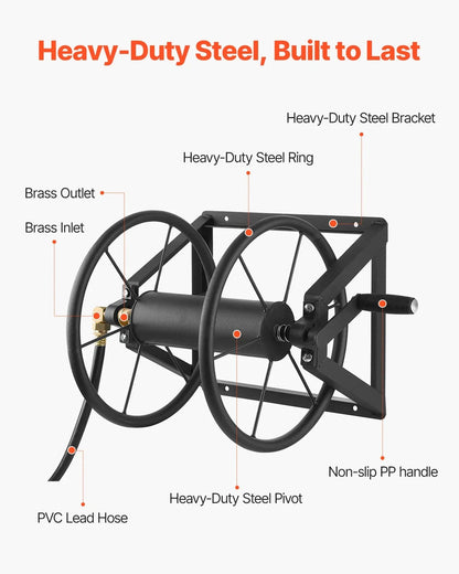 VEVOR Wall Mounted Garden Hose Reel, Holds 200 ft 5/8-inch Manual Water Hose Winder, Heavy-Duty Steel, Outdoor Reel with Brass Fitting & 5ft Leader Hose, Space Saving, for Yard Lawn Garage - View 2