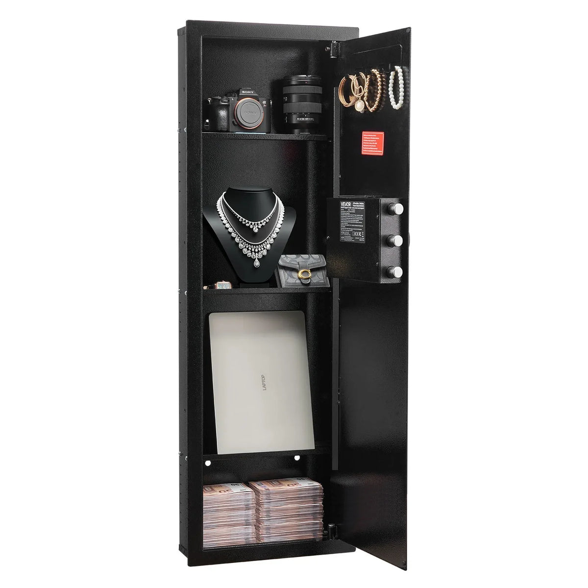 VEVOR Wall Safe, 4-Tier Hidden Wall Mounted Gun Safe with Password & Key, Q235 Cold-Rolled Steel In-Wall Box with LED Lighting, 3 Adjustable Shelves & Key Holders for Money, Jewelry, Passport, Black - View 8