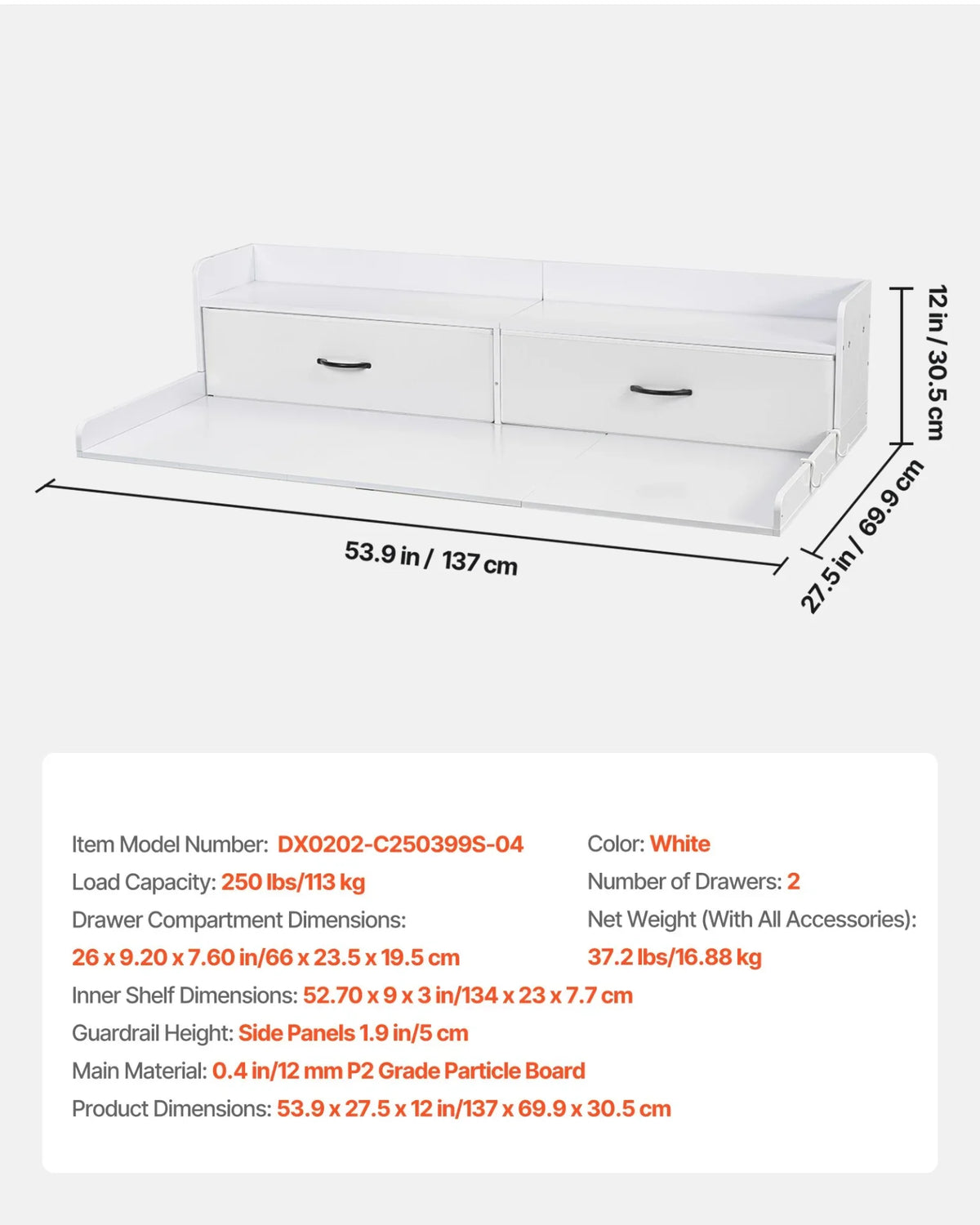 VEVOR Washer Dryer Countertop with Shelf, 54 x 27.5 in Wooden Washer and Dryer Topper with 2 Drawers & 2 Hooks, Laundry Machine Topper for Laundry Closet Pantry Counter Organization and Storage, White - View 6