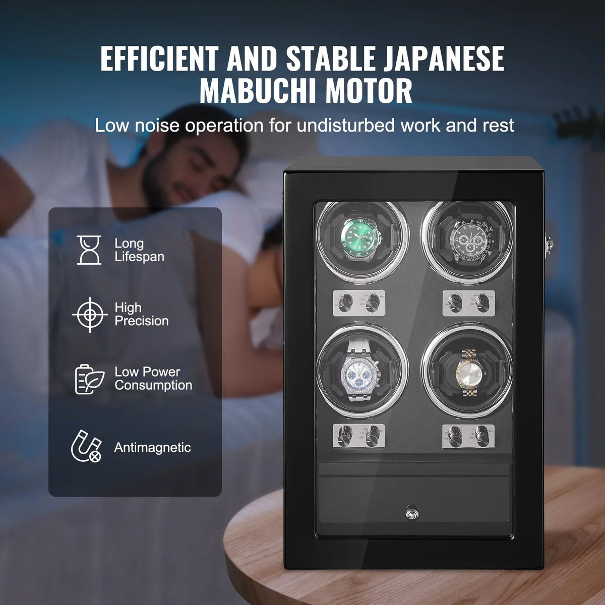 VEVOR Watch Winder, Watch Winder for 4 Men's and Women's Automatic Watches, with 4 Super Quiet Japanese Mabuchi Motors, Blue LED Light and Adapter, High-Density Board Shell and Black PU - View 3