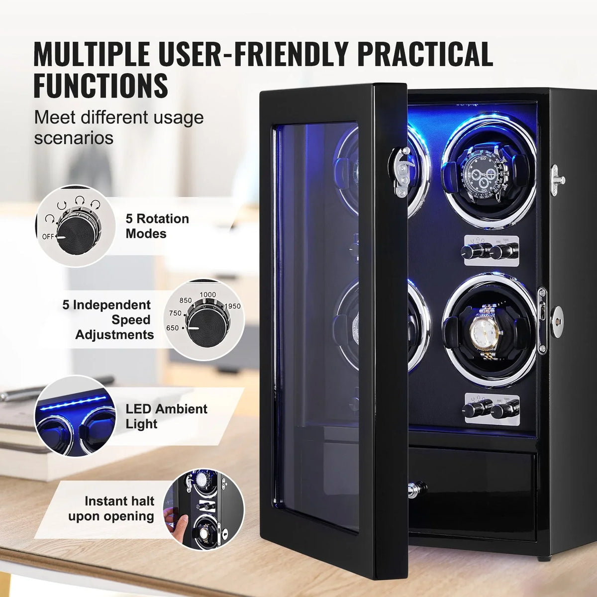 VEVOR Watch Winder, Watch Winder for 4 Men's and Women's Automatic Watches, with 4 Super Quiet Japanese Mabuchi Motors, Blue LED Light and Adapter, High-Density Board Shell and Black PU - View 4