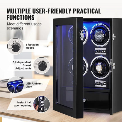 VEVOR Watch Winder, Watch Winder for 4 Men's and Women's Automatic Watches, with 4 Super Quiet Japanese Mabuchi Motors, Blue LED Light and Adapter, High-Density Board Shell and Black PU - View 4