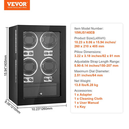 VEVOR Watch Winder, Watch Winder for 4 Men's and Women's Automatic Watches, with 4 Super Quiet Japanese Mabuchi Motors, Blue LED Light and Adapter, High-Density Board Shell and Black PU - View 6