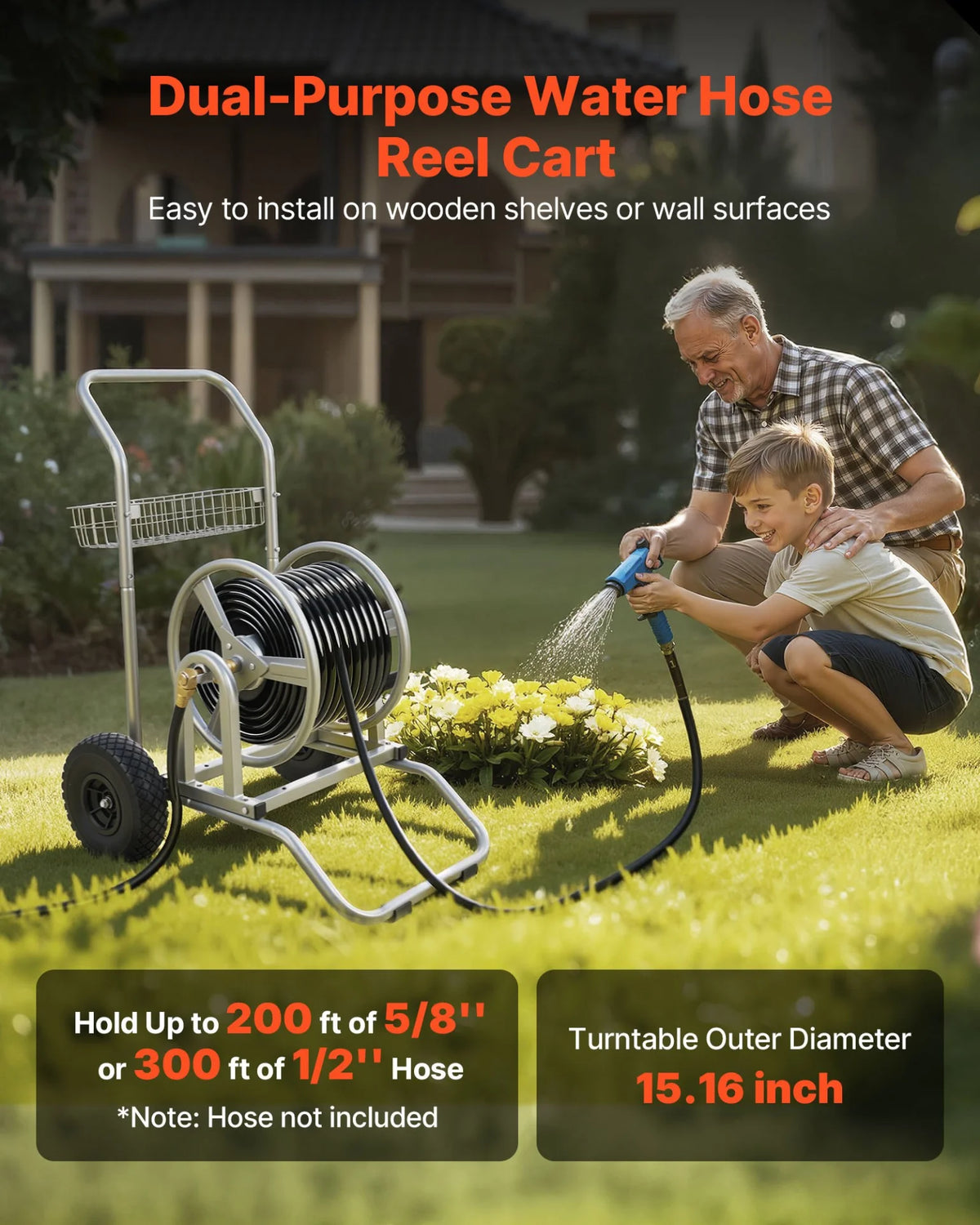 VEVOR Water Hose Reel Cart, 200/300ft High-Pressure Garden Hose Cart, Hoses Reel Carts with Two Wheels, Handle & Heavy-Duty Mesh Storage Basket, Dual-Purpose Portable Hoses Reels for Garden, Car, Pet