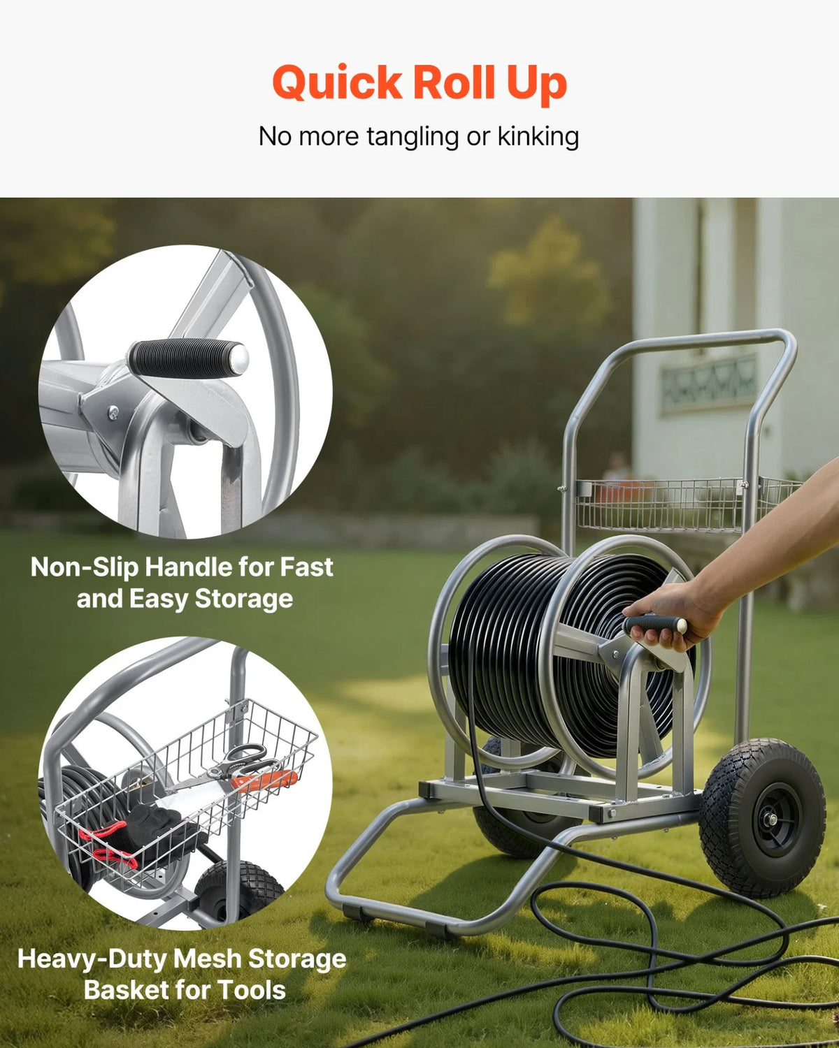 VEVOR Water Hose Reel Cart, 200/300ft High-Pressure Garden Hose Cart, Hoses Reel Carts with Two Wheels, Handle & Heavy-Duty Mesh Storage Basket, Dual-Purpose Portable Hoses Reels for Garden, Car, Pet - View 2