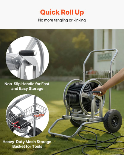 VEVOR Water Hose Reel Cart, 200/300ft High-Pressure Garden Hose Cart, Hoses Reel Carts with Two Wheels, Handle & Heavy-Duty Mesh Storage Basket, Dual-Purpose Portable Hoses Reels for Garden, Car, Pet - View 2