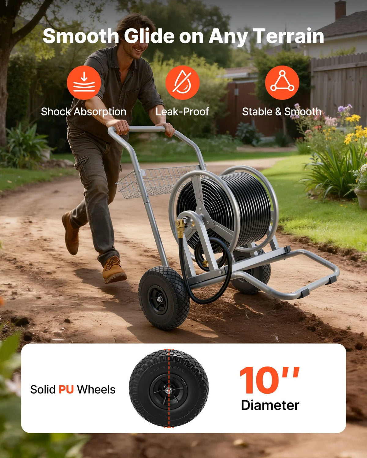 VEVOR Water Hose Reel Cart, 200/300ft High-Pressure Garden Hose Cart, Hoses Reel Carts with Two Wheels, Handle & Heavy-Duty Mesh Storage Basket, Dual-Purpose Portable Hoses Reels for Garden, Car, Pet - View 4