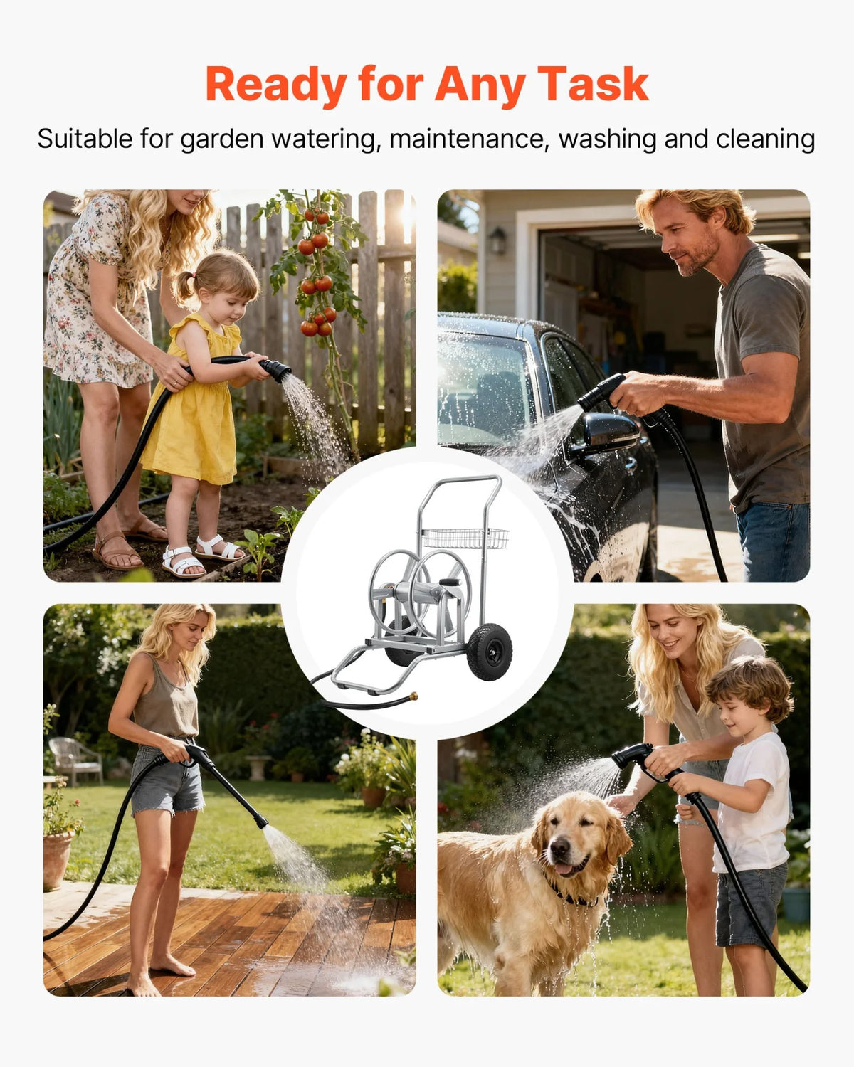 VEVOR Water Hose Reel Cart, 200/300ft High-Pressure Garden Hose Cart, Hoses Reel Carts with Two Wheels, Handle & Heavy-Duty Mesh Storage Basket, Dual-Purpose Portable Hoses Reels for Garden, Car, Pet - View 5